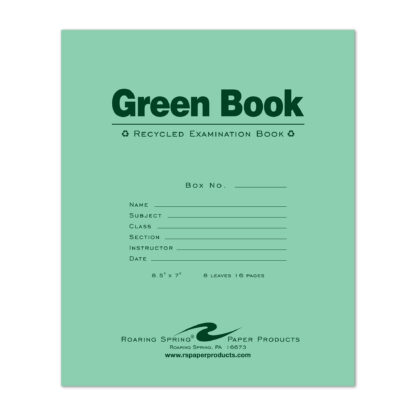 Recycled Exam Book, Wide Ruled with Margin, 8.5" x 7", 8 Sheets/16 Pages, Green Cover