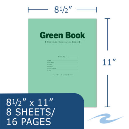 Recycled Exam Book, Wide Ruled with Margin, 11" x 8.5", 8 Sheets/16 Pages, Green Cover