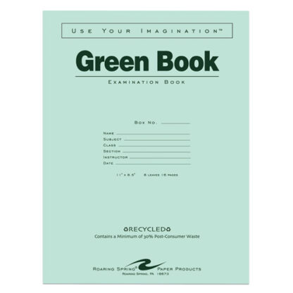 Recycled Exam Book, Wide Ruled with Margin, 11" x 8.5", 8 Sheets/16 Pages, Green Cover