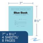 Blue Exam Book, Wide Ruled with Margin, 8.5" x 7", 4 Sheets/8 Pages, Blue Cover