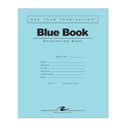 Blue Exam Book, Wide Ruled with Margin, 8.5" x 7", 4 Sheets/8 Pages, Blue Cover