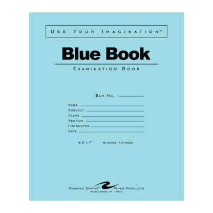 Blue Exam Book, Wide Ruled with Margin, 8.5" x 7", 6 Sheets/12 Pages, Blue Cover