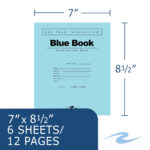 Blue Exam Book, Wide Ruled with Margin, 8.5" x 7", 6 Sheets/12 Pages, Blue Cover