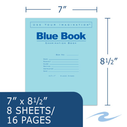 Blue Exam Book, Wide Ruled with Margin, 8.5" x 7", 8 Sheets/16 Pages, Blue Cover