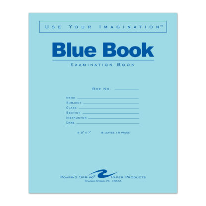 Blue Exam Book, Wide Ruled with Margin, 8.5" x 7", 8 Sheets/16 Pages, Blue Cover