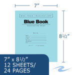 Blue Exam Book, Wide Ruled with Margin, 8.5" x 7", 12 Sheets/24 Pages, Blue Cover