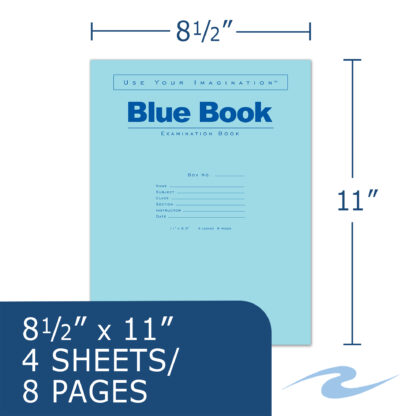 Blue Exam Book, Wide Ruled with Margin, 11" x 8.5", 4 Sheets/8 Pages, Blue Cover