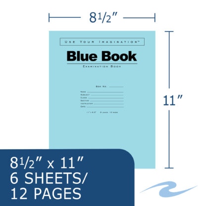 Blue Exam Book, Wide Ruled with Margin, 11" x 8.5", 6 Sheets/12 Pages, Blue Cover