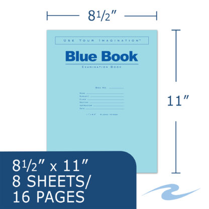 Blue Exam Book, Wide Ruled with Margin, 11" x 8.5", 8 Sheets/16 Pages, Blue Cover