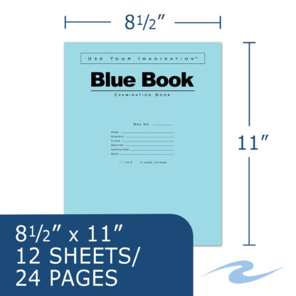 Blue Exam Book, Wide Ruled with Margin, 11" x 8.5", 12 Sheets/24 Pages, Blue Cover