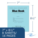 Recycled Exam Book, Wide Ruled with Margin, 8.5" x 7", 8 Sheets/16 Pages, Blue Cover