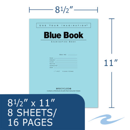 Recycled Exam Book, Wide Ruled with Margin, 11" x 8.5", 8 Sheets/16 Pages, Blue Cover