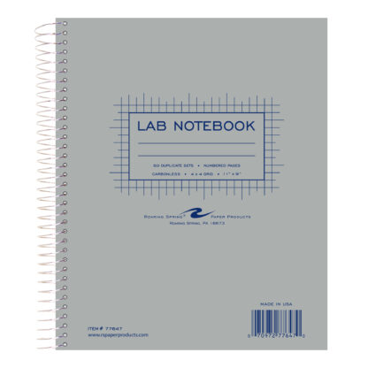 Carbonless Wirebound Lab Book with Numbered Sets, 4x4 Grid Ruled, 11" x 9", 50 Sets, Gray Cover, White/Blue Pages