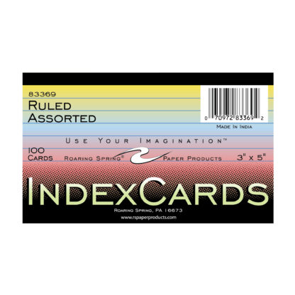 Assorted Color Index Cards, Ruled on One Side, 3" x 5", 100 Count