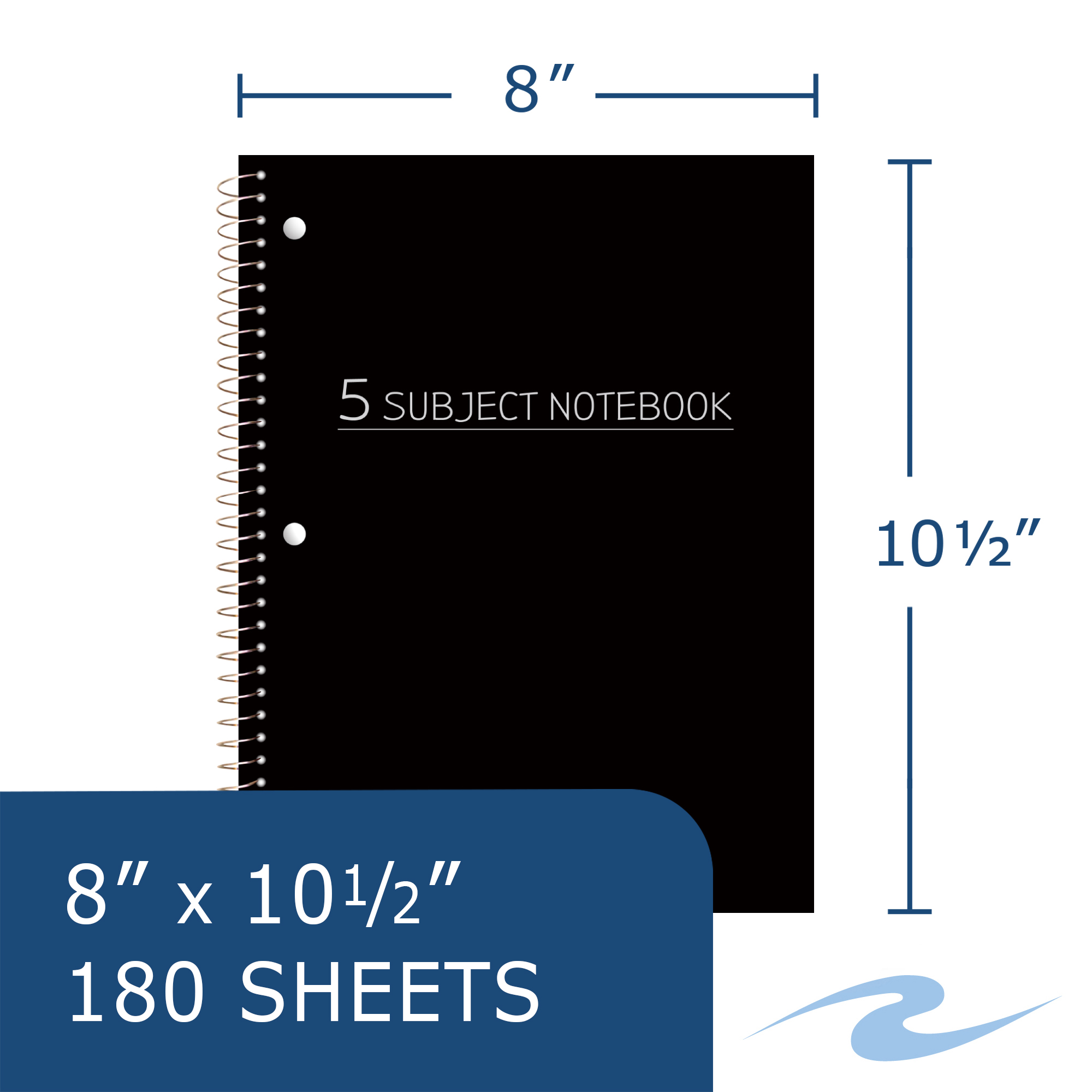 Five Subject Wirebound Notebook, College Ruled, 10.5" x 8", 180 Sheets, Assorted Poly Covers