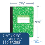 Hard Cover Composition Book, Grade School Ruled, 9.75" x 7.75", 80 Sheets/160 Pages, Green Marble Cover (Grade 1)