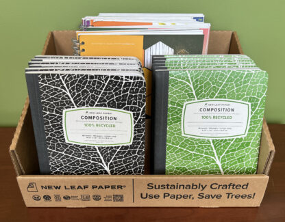 New Leaf Paper® 100% Recycled, Sustainably Designed Reusable Corrugate Display, Contains 12 Large Notebooks and 12 Composition Books - Set 2 Designs