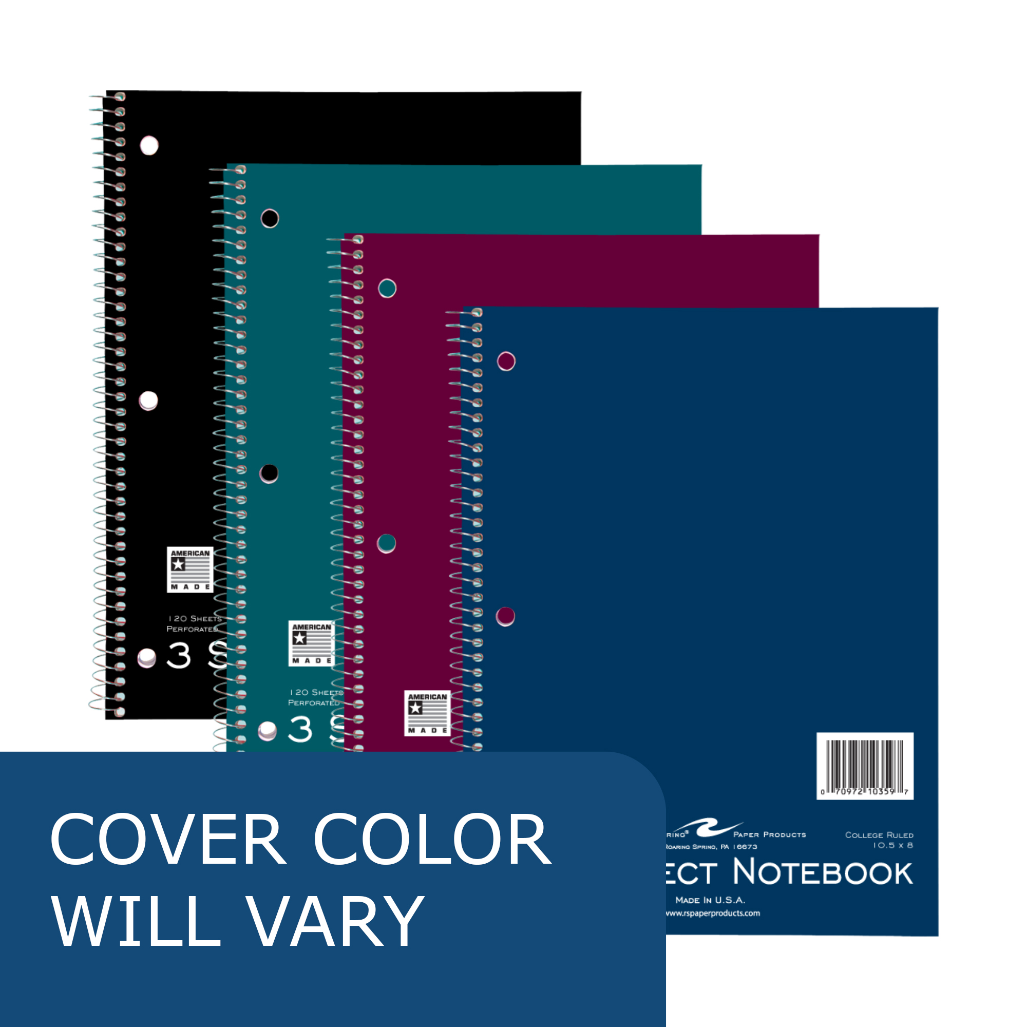 Three Subject Wirebound Notebook, College Ruled, Assorted Jewel Tone Covers