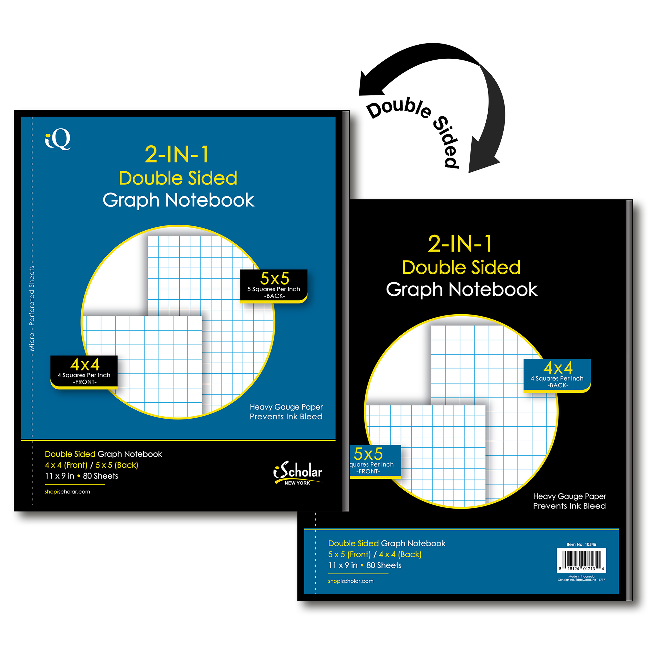 iScholar® 2-in-1 Double Sided Graph Ruled Notebook, 11" x 9", 80 Sheets, White Paper