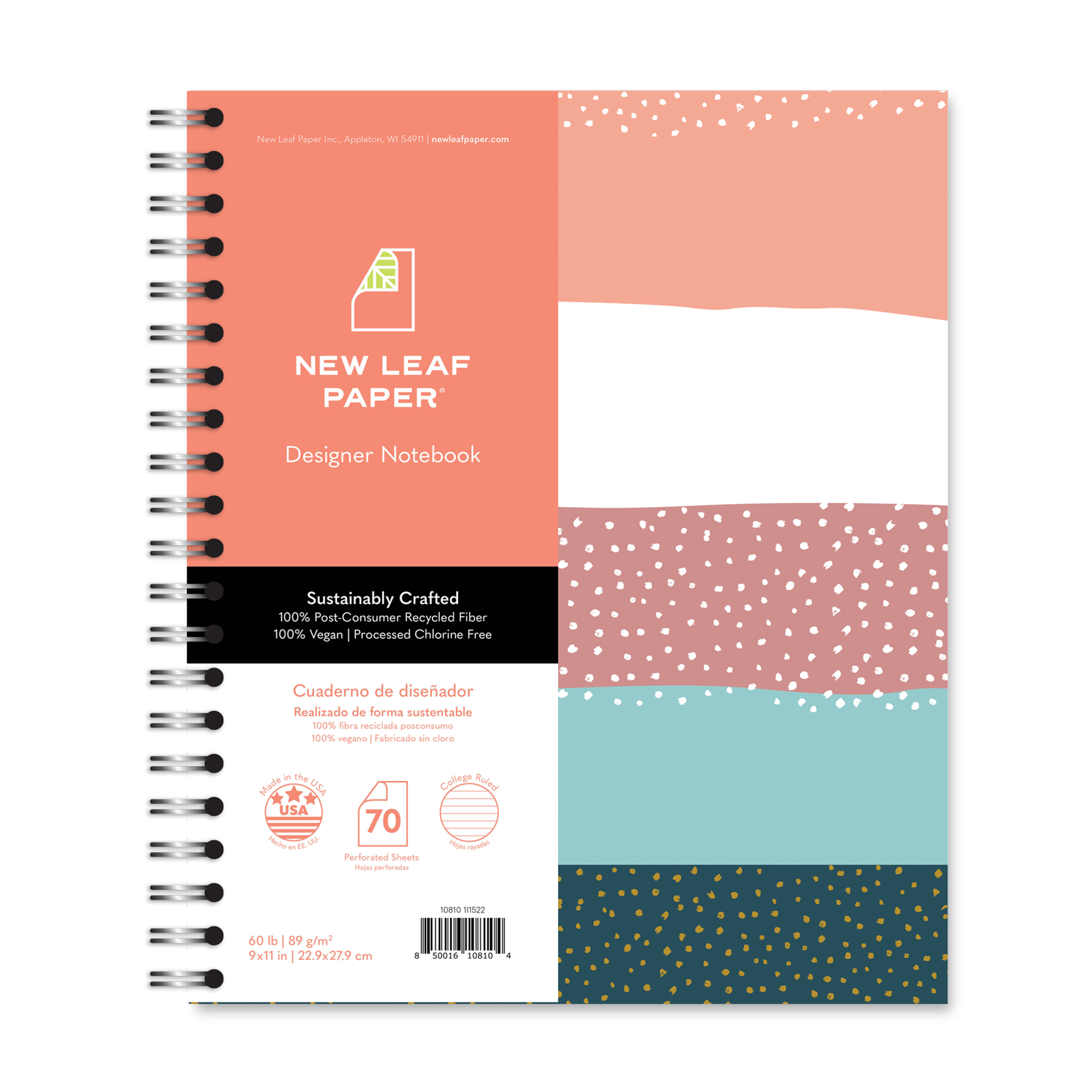 New Leaf Paper® 100% Recycled, Sustainably Designed, Large Wirebound Notebook, Stripes Design