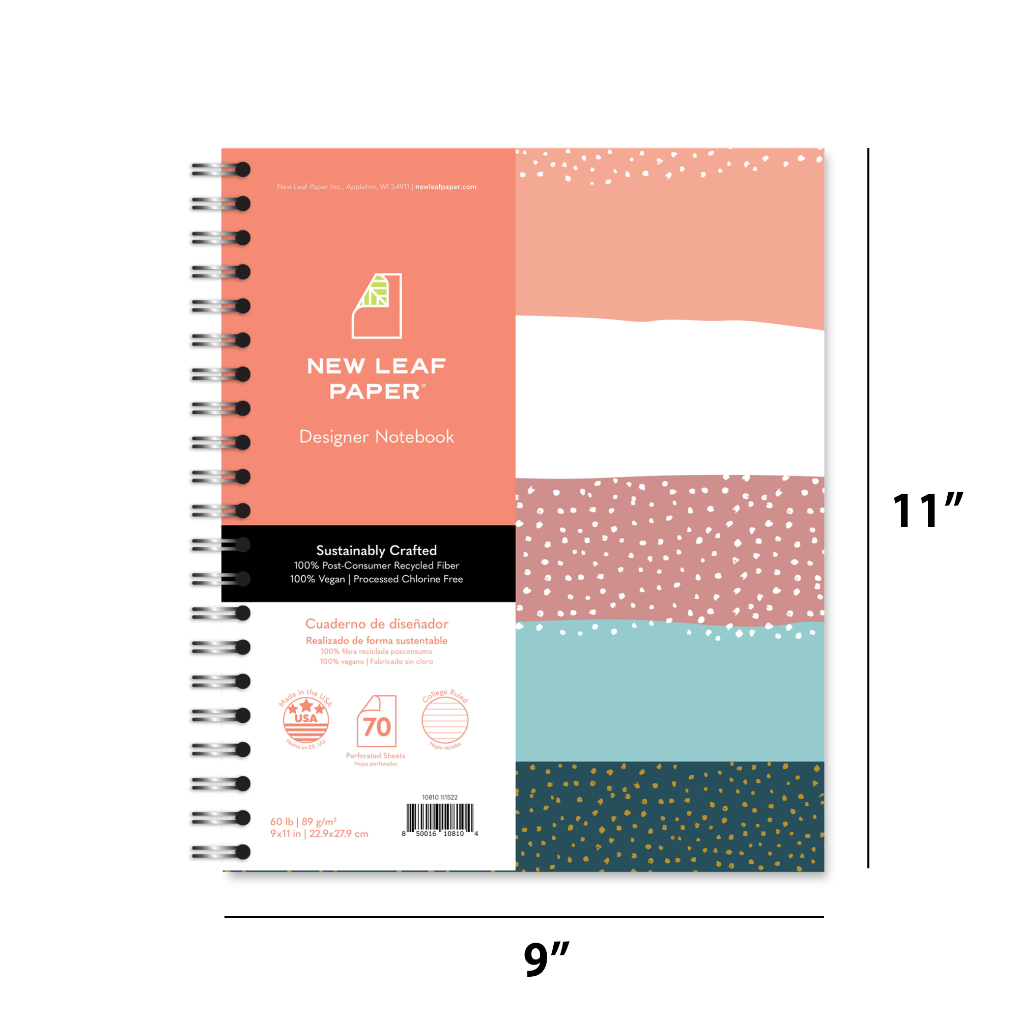 New Leaf Paper® 100% Recycled, Sustainably Designed, Large Wirebound Notebook, Stripes Design