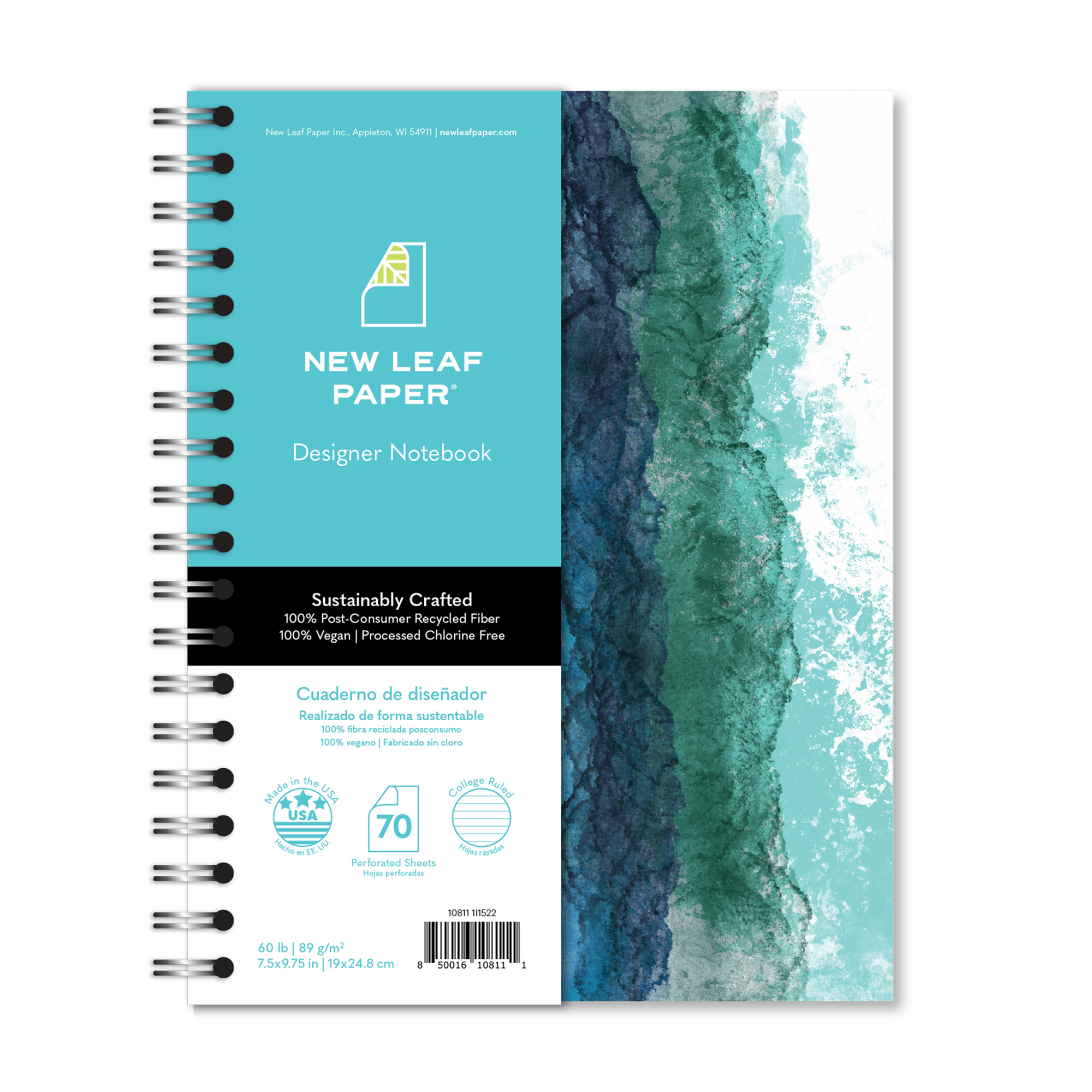 New Leaf Paper® 100% Recycled, Sustainably Designed, Small Wirebound Notebook, Watercolor Design