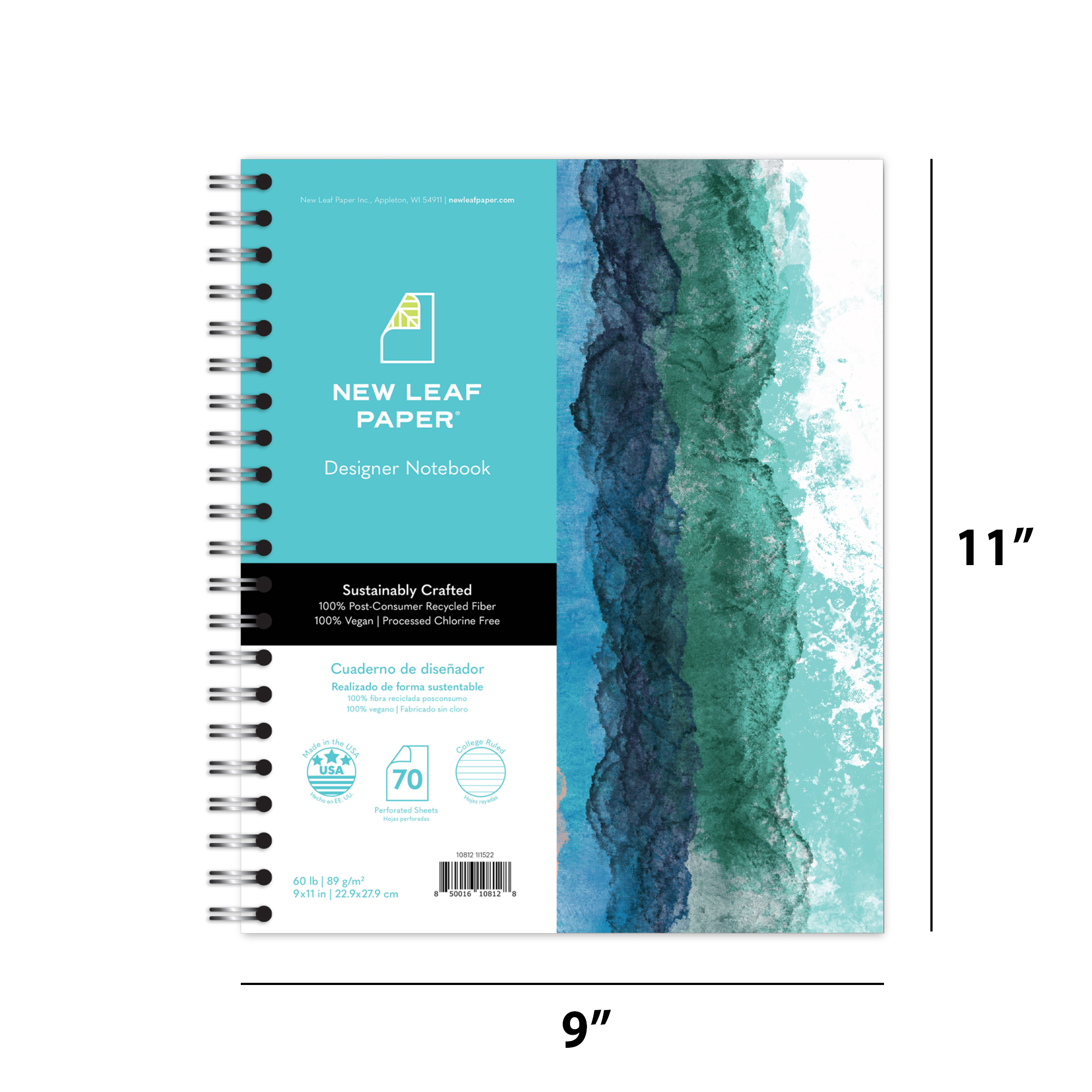 New Leaf Paper® 100% Recycled, Sustainably Designed, Large Wirebound Notebook, Watercolor Design