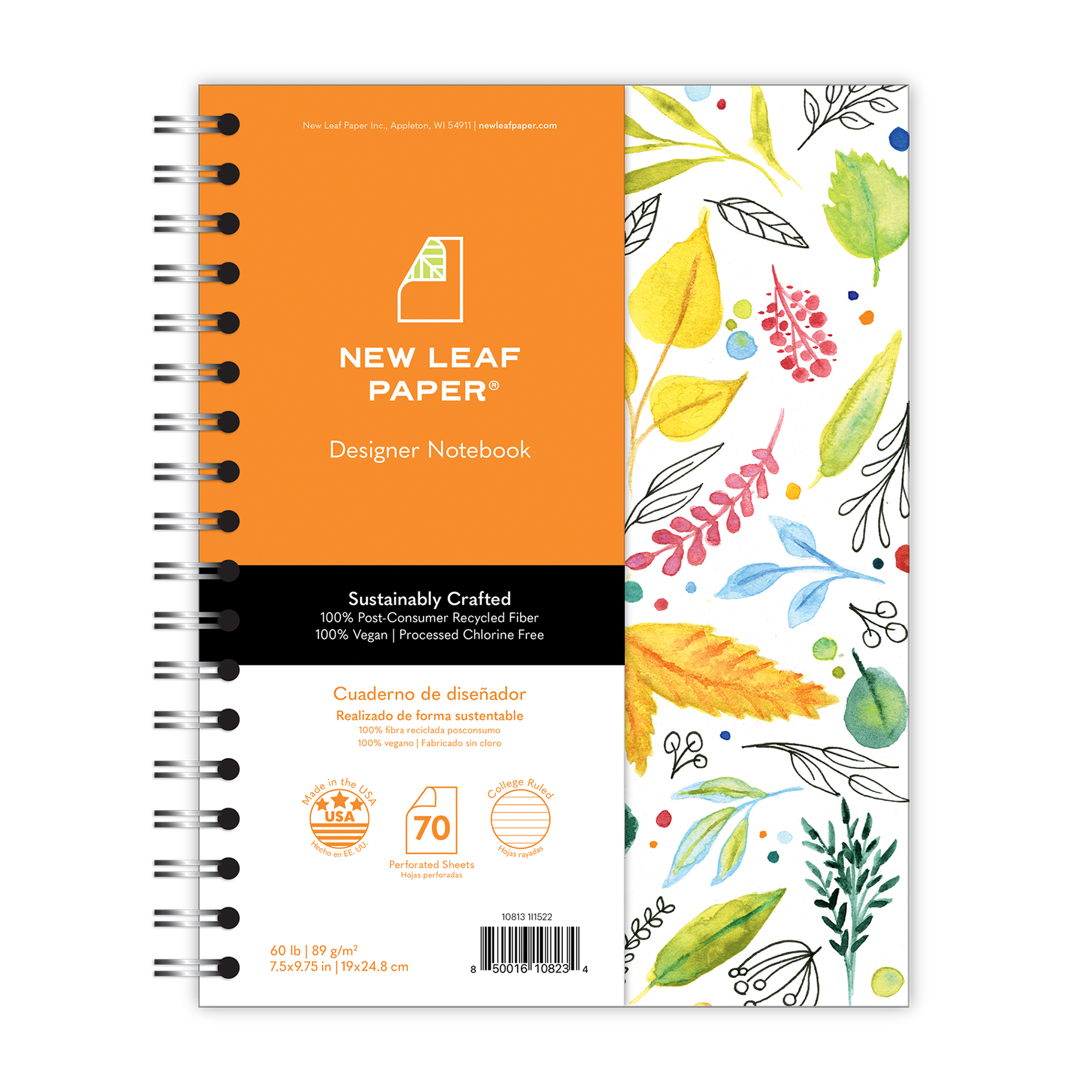 New Leaf Paper® 100% Recycled, Sustainably Designed, Small Wirebound Notebook, Leaves Design