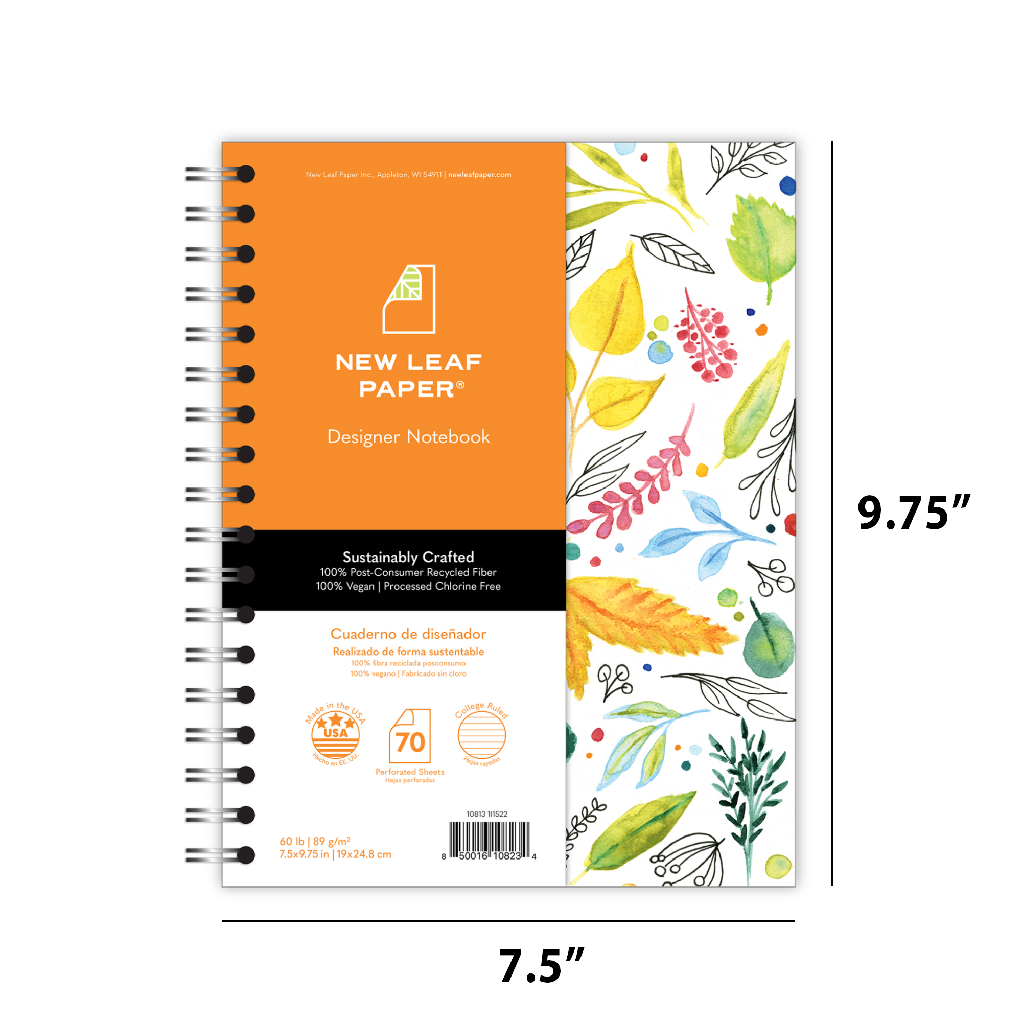 New Leaf Paper® 100% Recycled, Sustainably Designed, Small Wirebound Notebook, Leaves Design