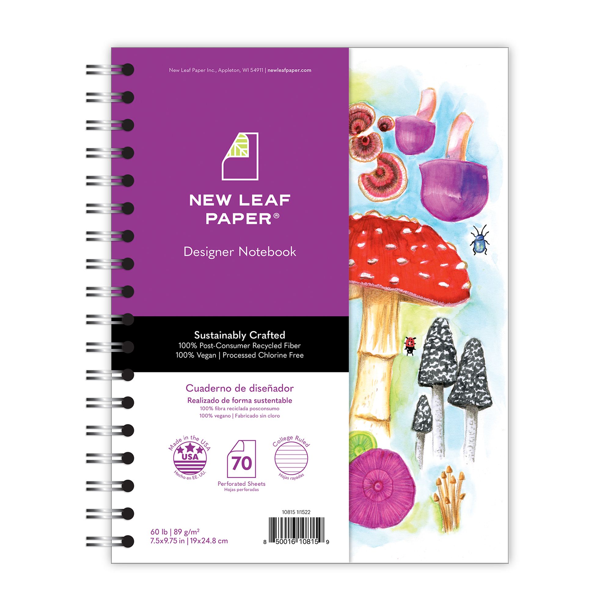 New Leaf Paper® 100% Recycled, Sustainably Designed, Small Wirebound Notebook, Mushrooms Design