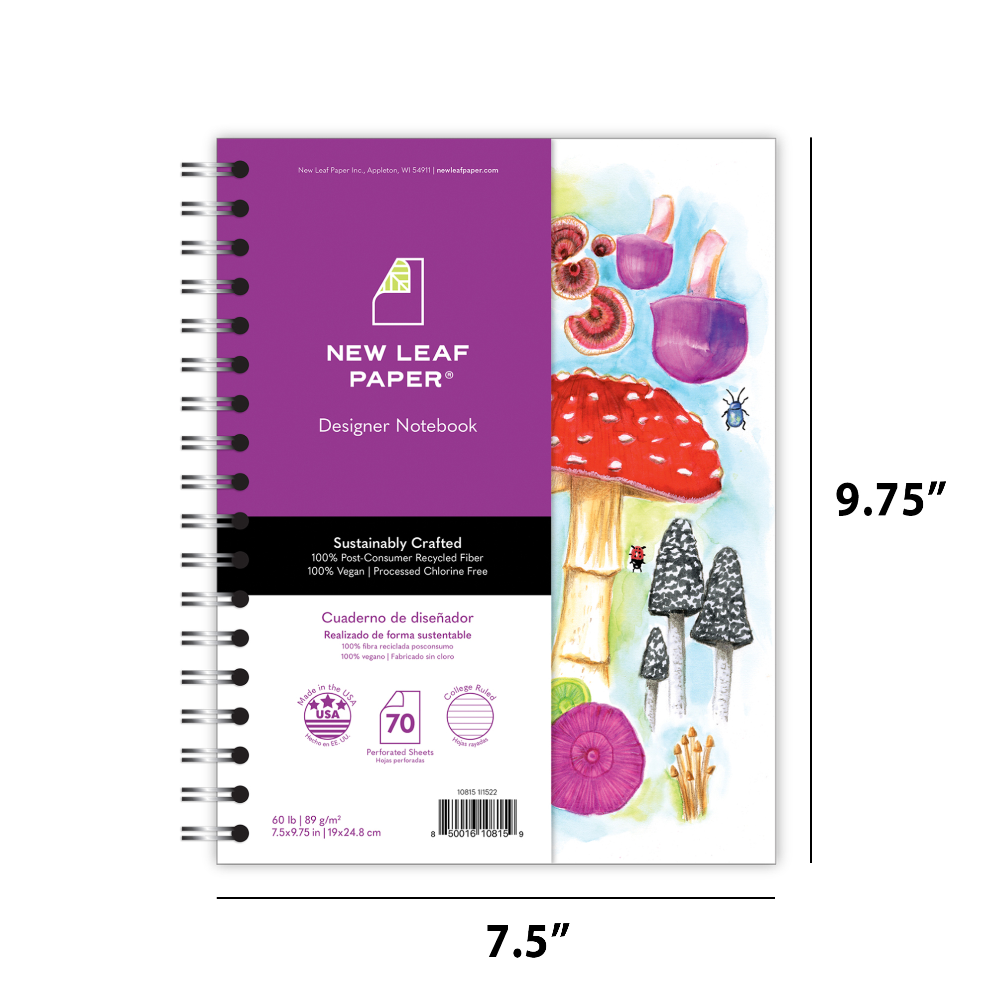 New Leaf Paper® 100% Recycled, Sustainably Designed, Small Wirebound Notebook, Mushrooms Design