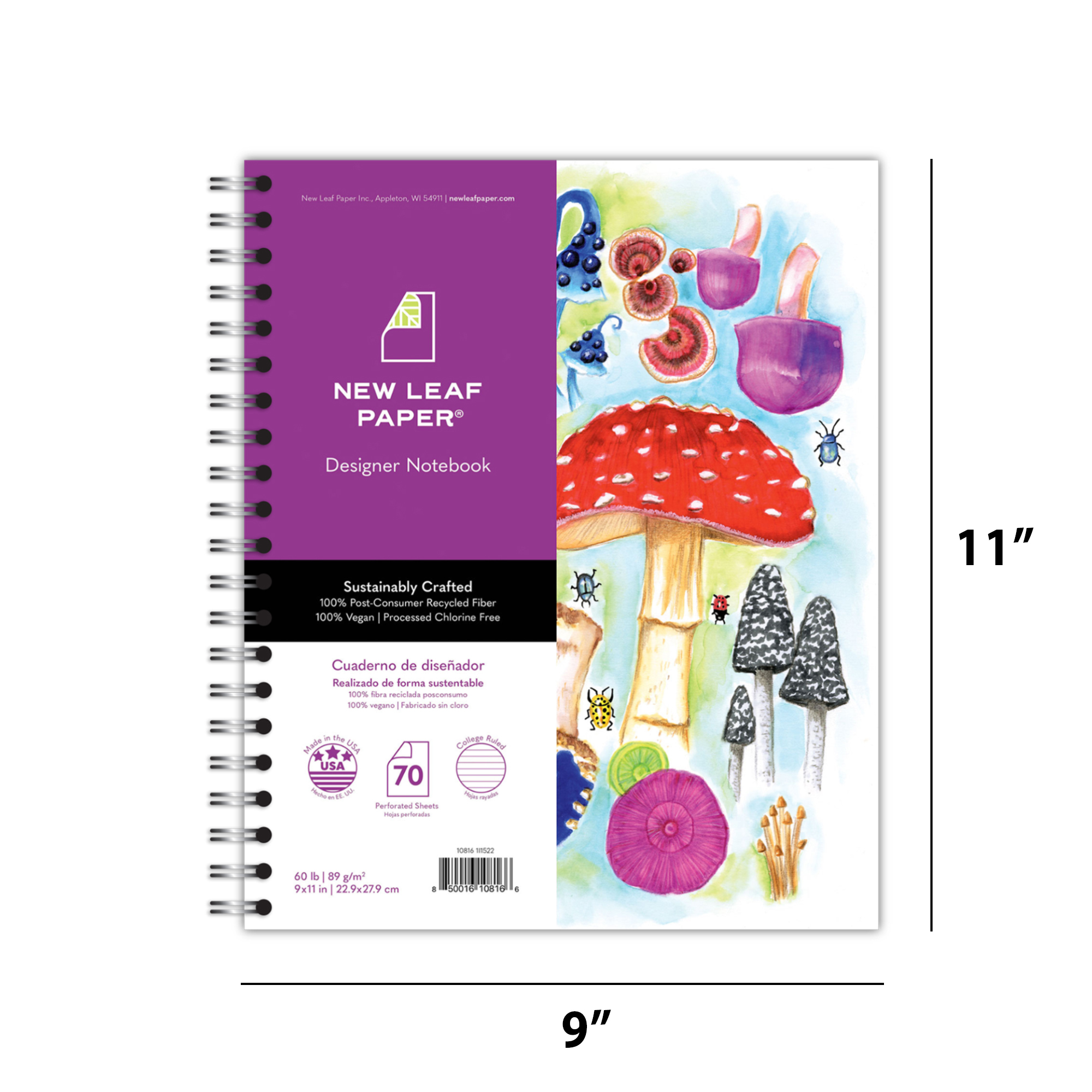 New Leaf Paper® 100% Recycled, Sustainably Designed, Large Wirebound Notebook, Mushrooms Design