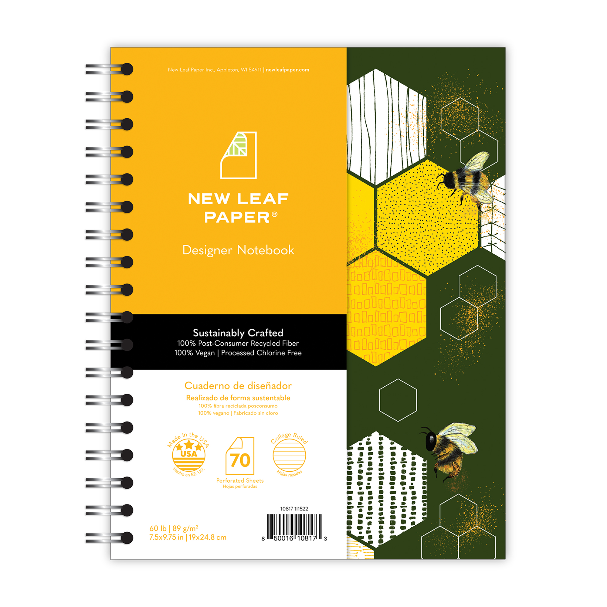 New Leaf Paper® 100% Recycled, Sustainably Designed, Small Wirebound Notebook, Bees Design