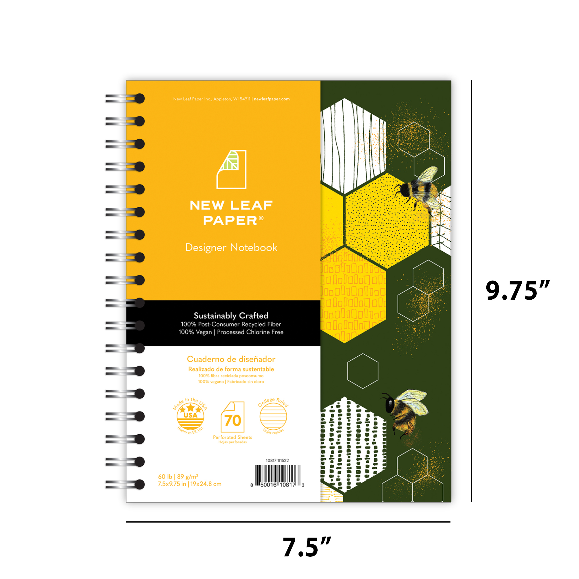 New Leaf Paper® 100% Recycled, Sustainably Designed, Small Wirebound Notebook, Bees Design