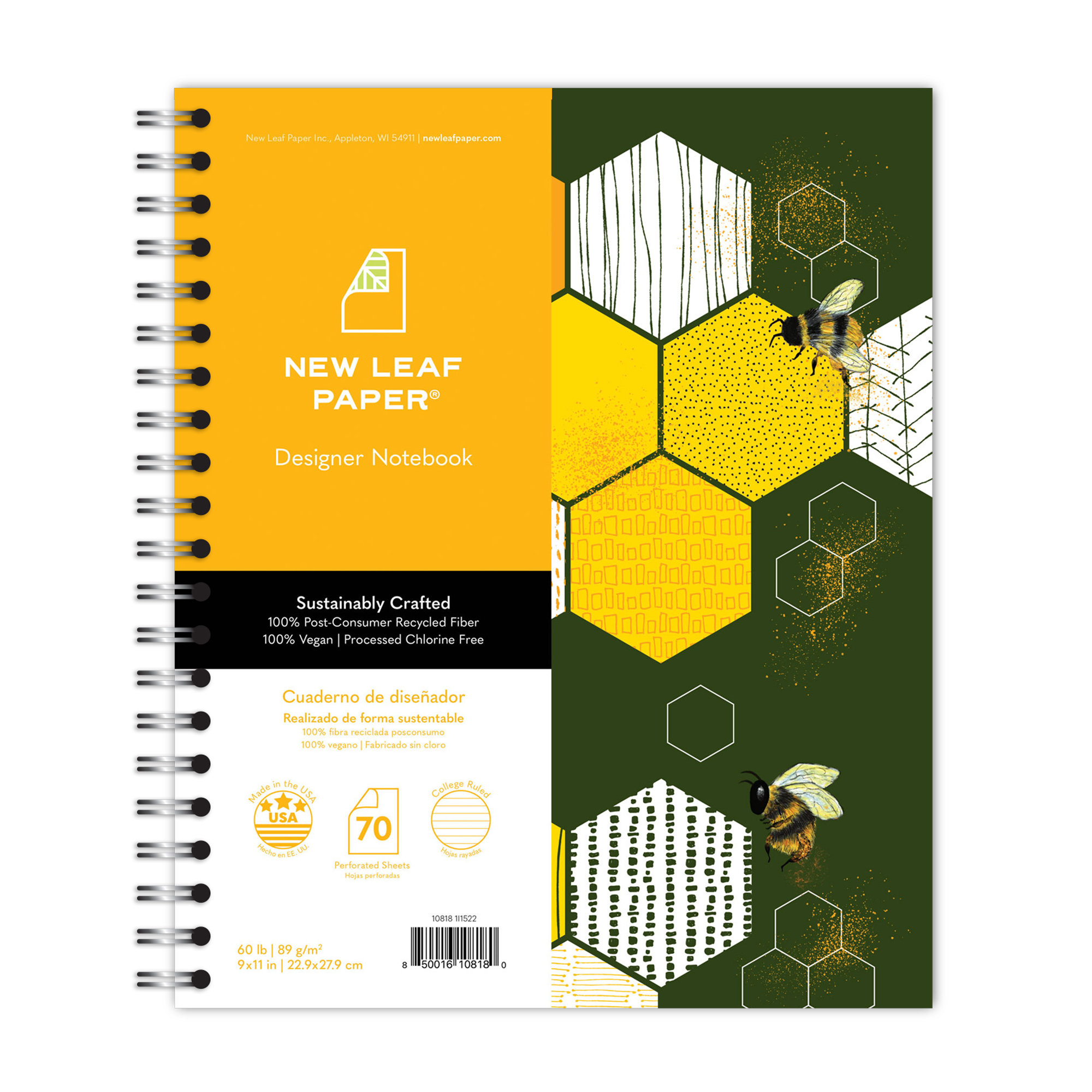 New Leaf Paper® 100% Recycled, Sustainably Designed, Large Wirebound Notebook, Bees Design