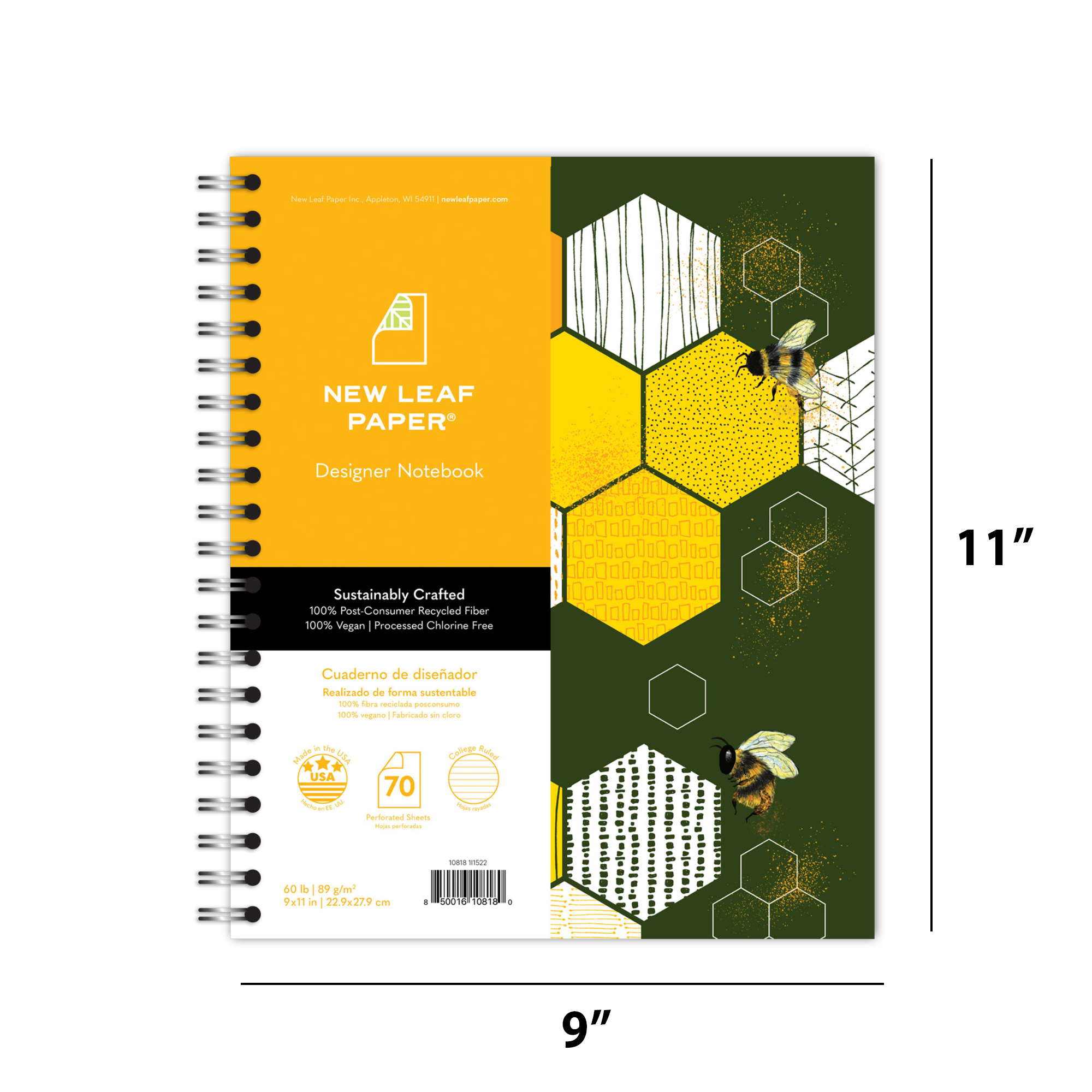 New Leaf Paper® 100% Recycled, Sustainably Designed, Large Wirebound Notebook, Bees Design