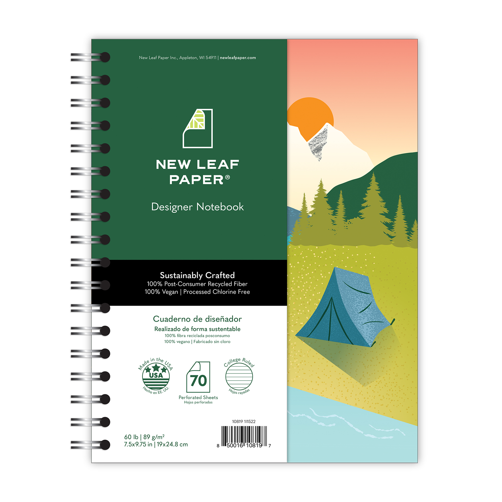 New Leaf Paper® 100% Recycled, Sustainably Designed, Small Wirebound Notebook, Camping Design