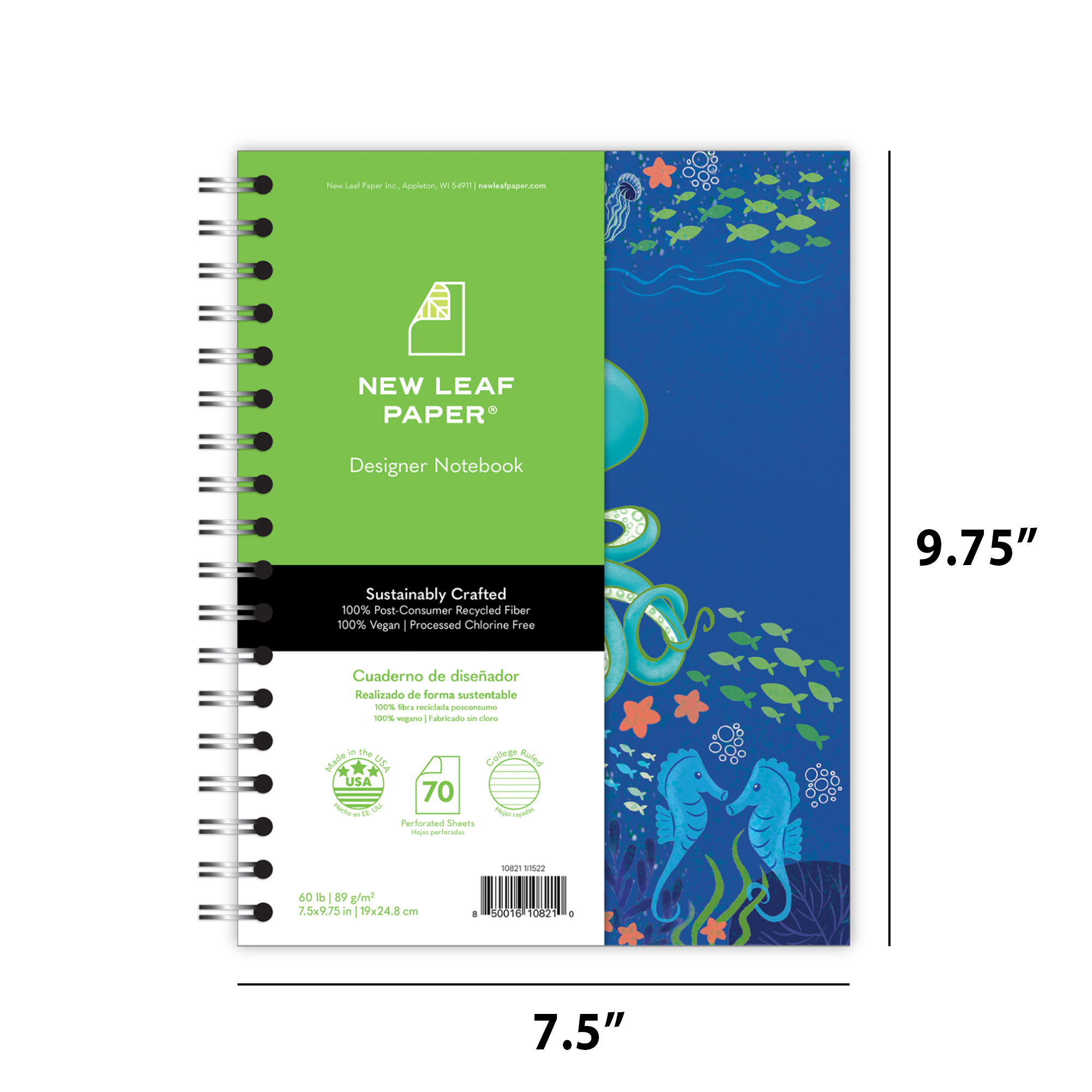New Leaf Paper® 100% Recycled, Sustainably Designed, Small Wirebound Notebook, Sea Life Design