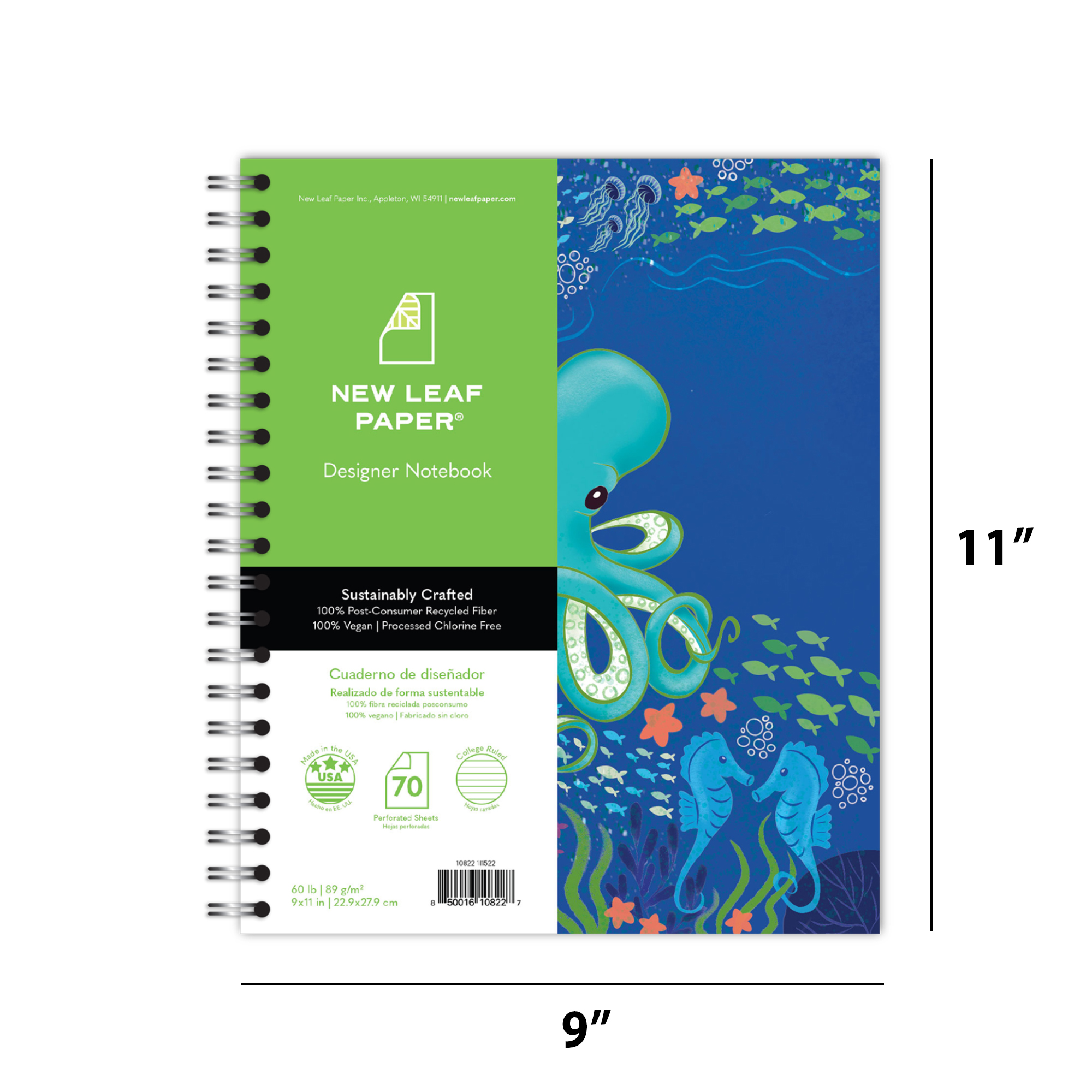 New Leaf Paper® 100% Recycled, Sustainably Designed, Large Wirebound Notebook, Sea Life Design
