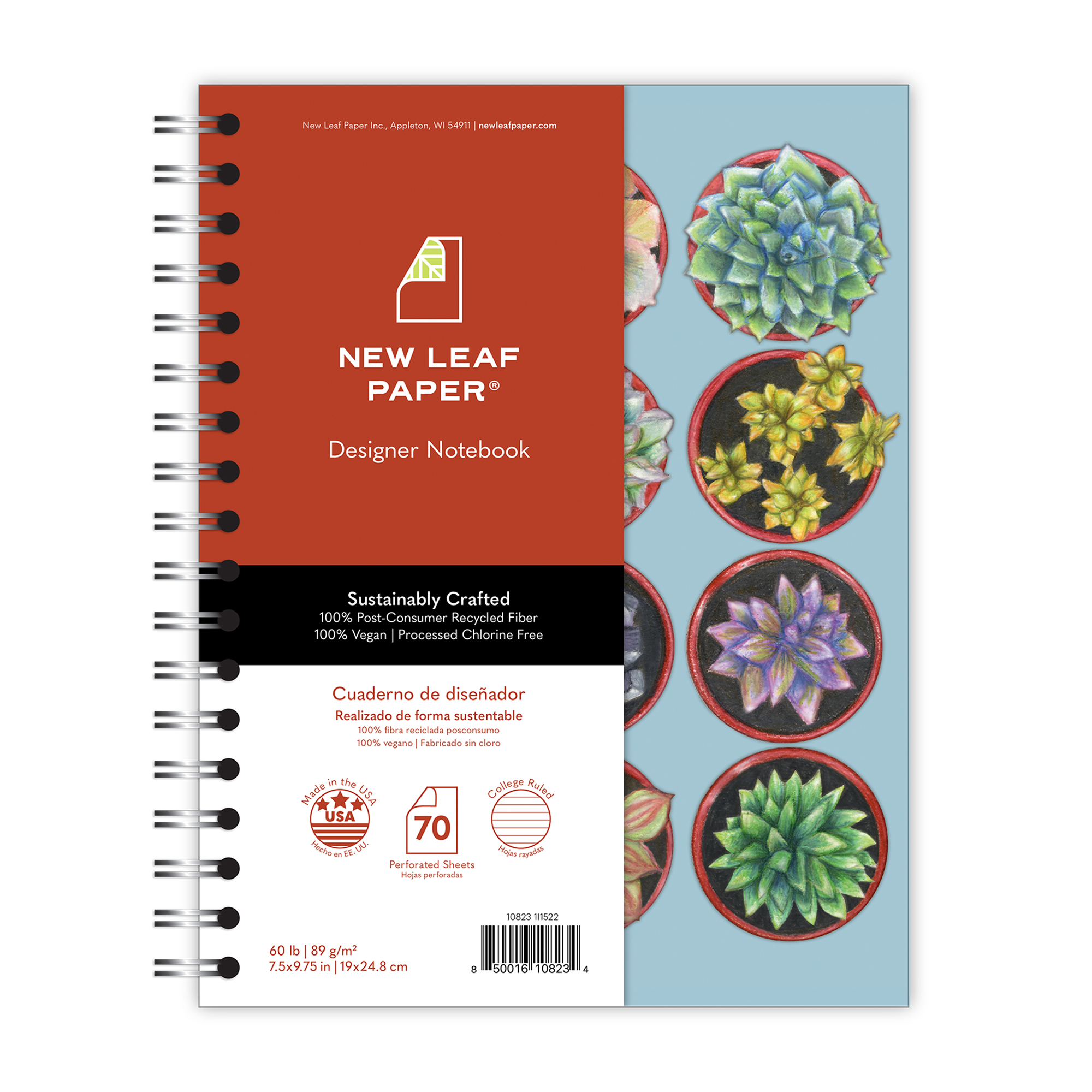 New Leaf Paper® 100% Recycled, Sustainably Designed, Small Wirebound Notebook, Succulents Design