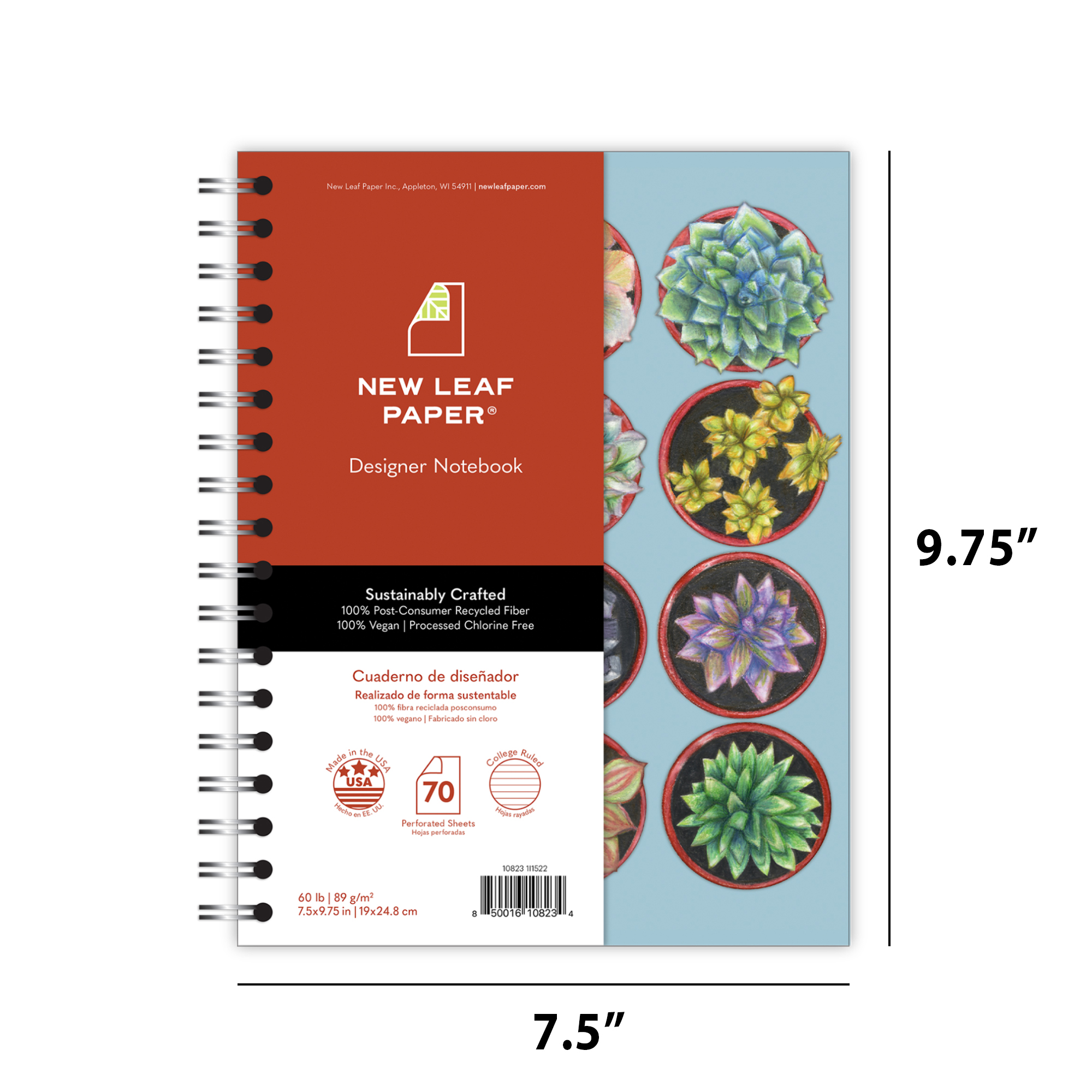 New Leaf Paper® 100% Recycled, Sustainably Designed, Small Wirebound Notebook, Succulents Design