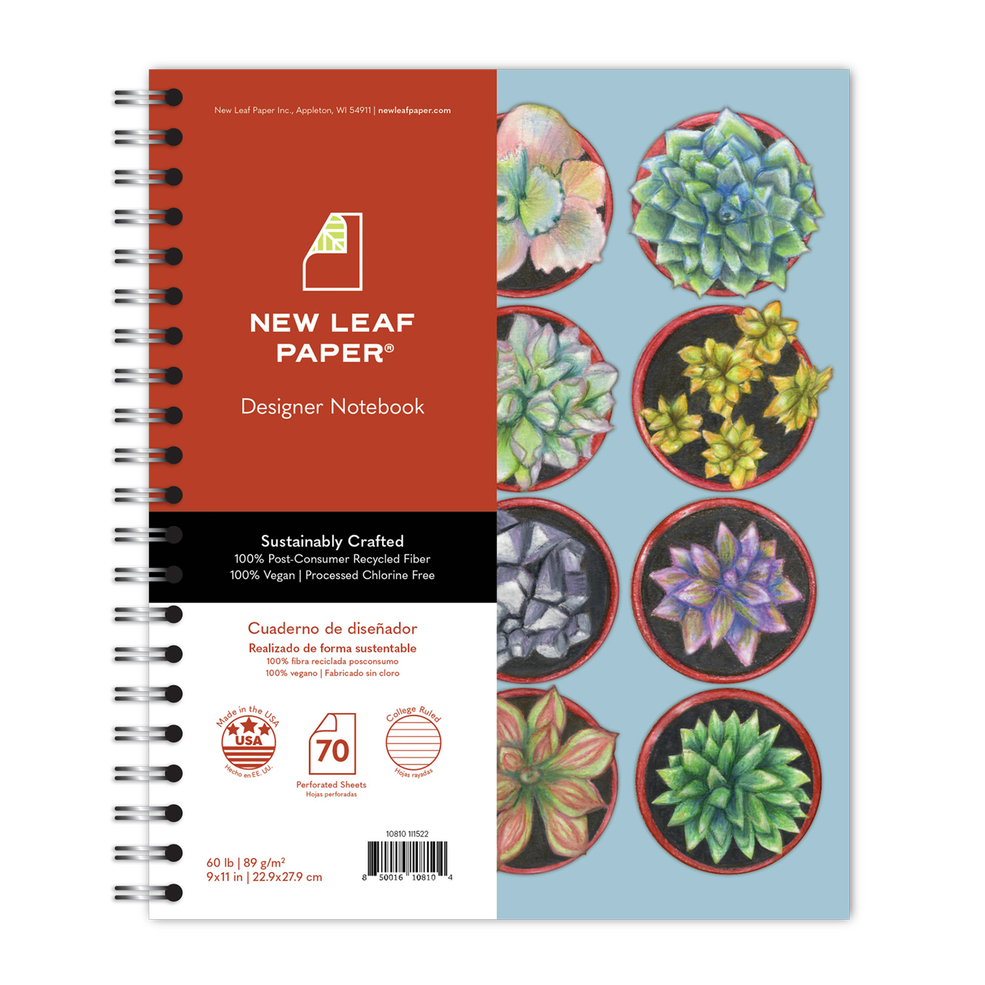 New Leaf Paper® 100% Recycled, Sustainably Designed, Large Wirebound Notebook, Succulents Design