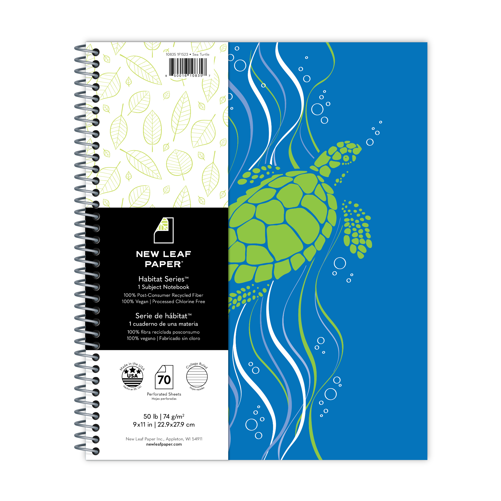 New Leaf Paper® Habitat Series™ 100% Recycled, Sustainably Designed One Subject Notebook, College Ruled, 11" x 9", 70 Sheets, Sea Turtle