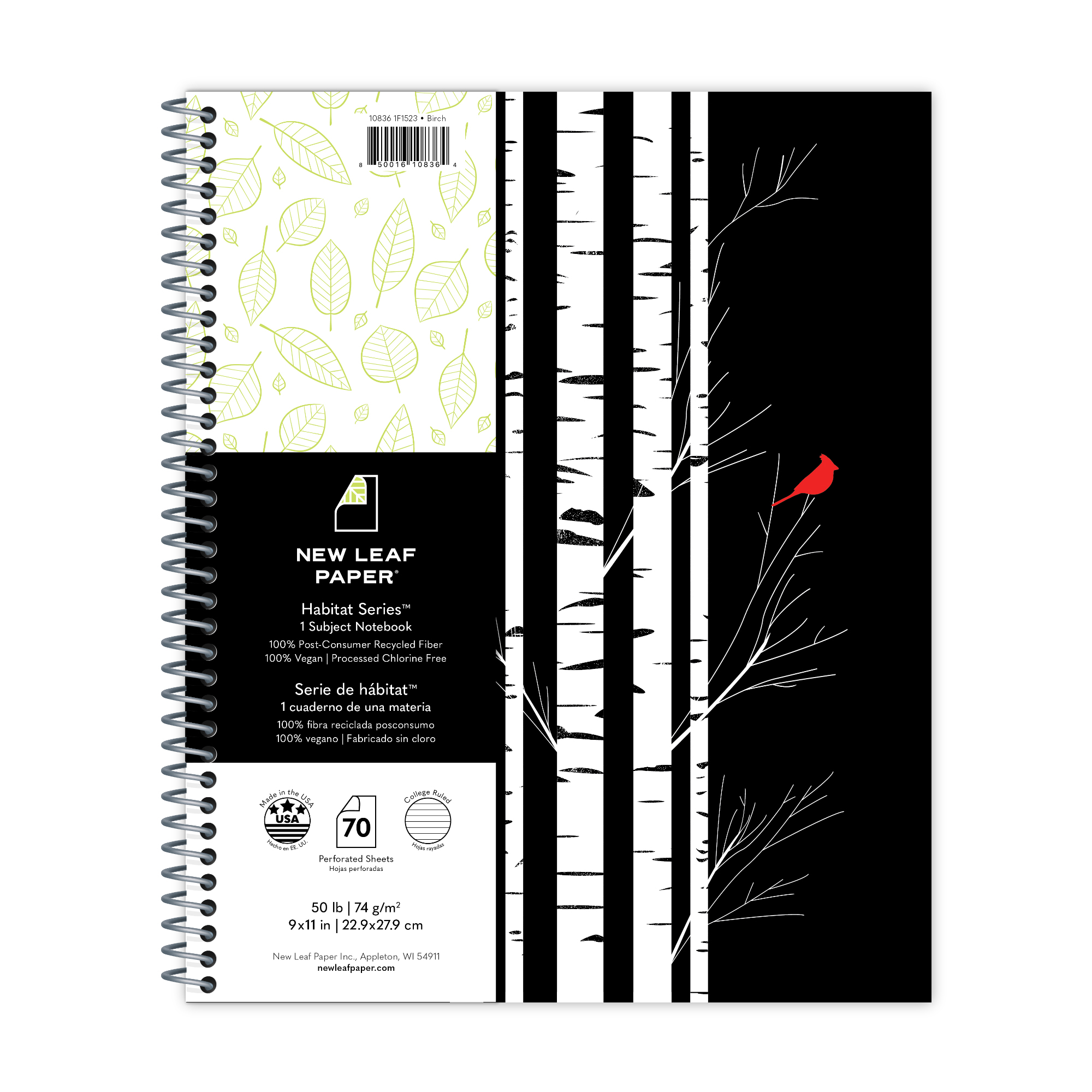 New Leaf Paper® Habitat Series™ 100% Recycled, Sustainably Designed One Subject Notebook, College Ruled, 11" x 9", 70 Sheets, Birch