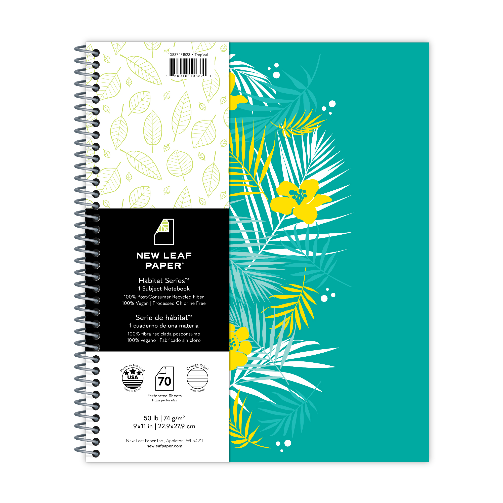 New Leaf Paper® Habitat Series™ 100% Recycled, Sustainably Designed One Subject Notebook, College Ruled, 11" x 9", 70 Sheets, Tropical