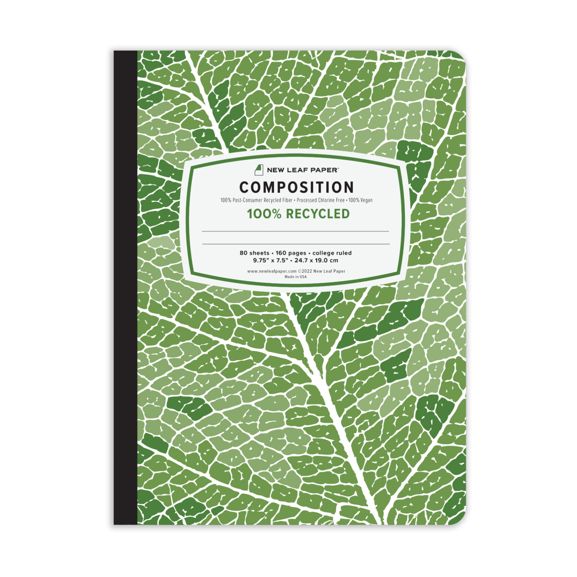 New Leaf Paper® 100% Recycled, Sustainably Designed Composition Book, 9.75” x 7.5", 80 sheets/160 Pages, Green Leaf Cover