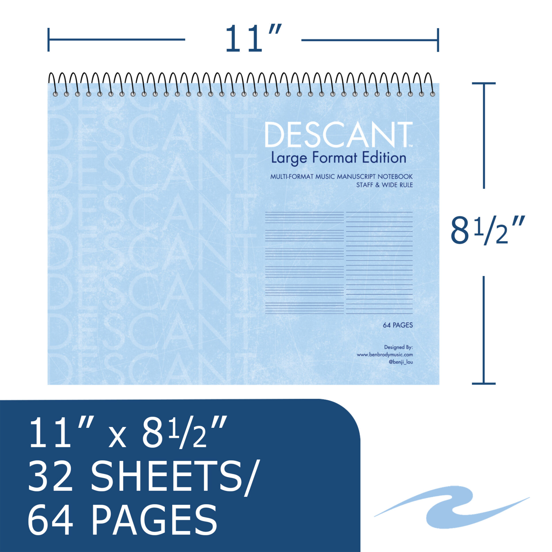 Descant™ Large Format Edition Staff & Wide Ruled Multi-Format Manuscript Music Top Wirebound Notebook, Heavyweight 20 lb. White Paper