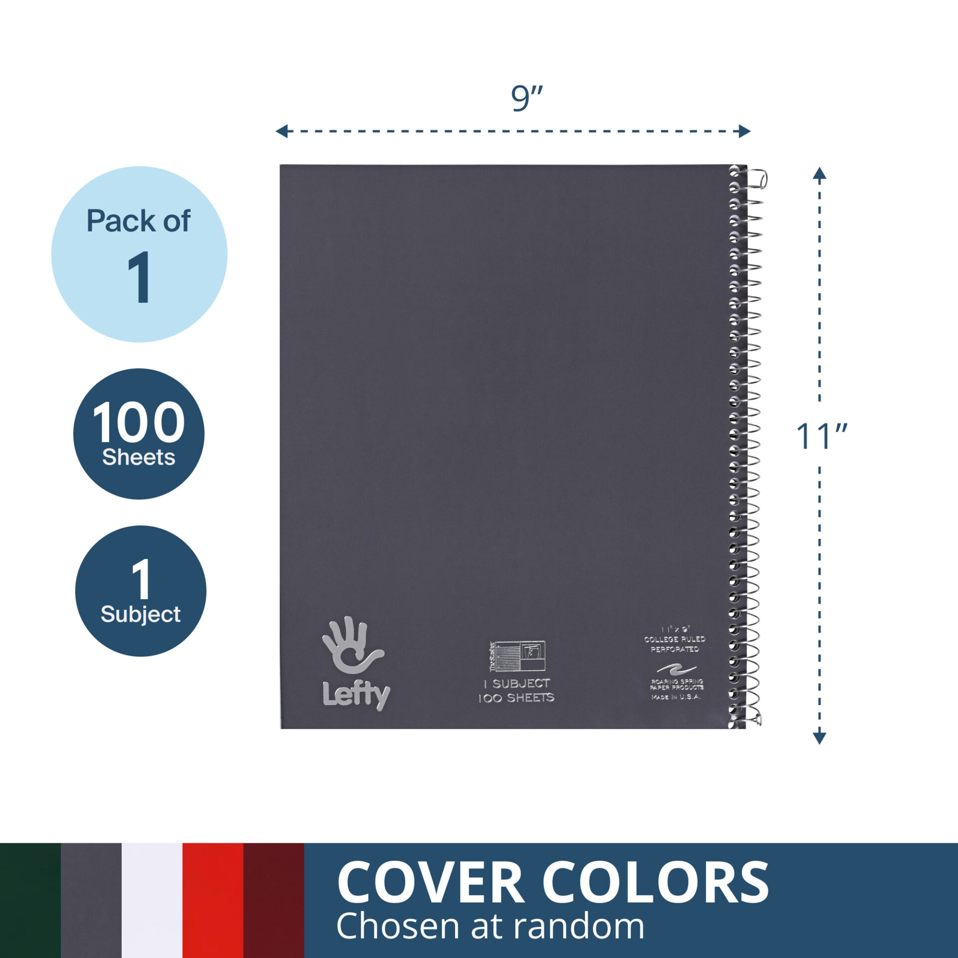 Lefty's Stasher© One Subject Wirebound Left-Handed Notebook with Cover Pocket, College Ruled