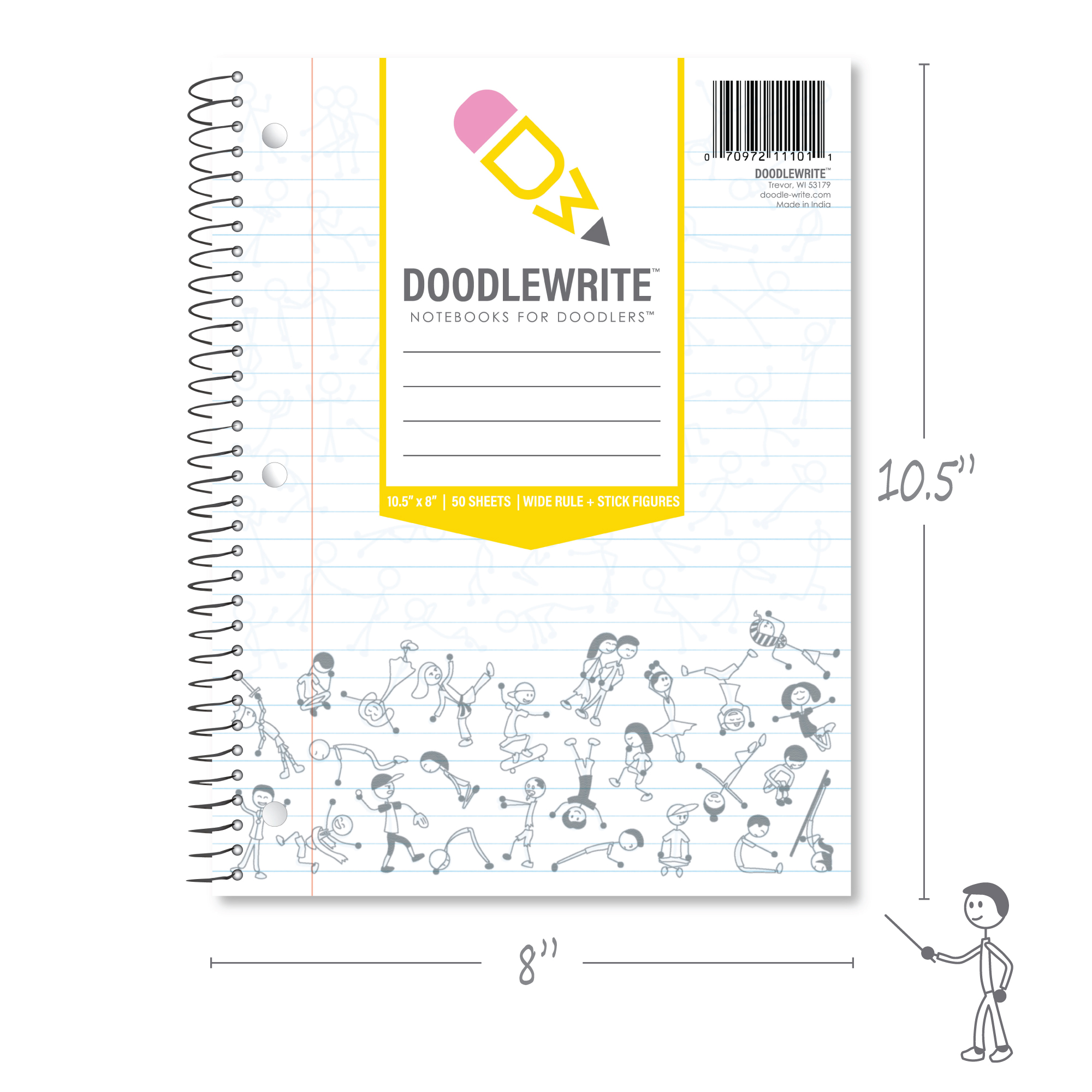 DoodleWrite™ Wide Ruled + Stick Figures One Subject Notebook, Heavyweight Paper