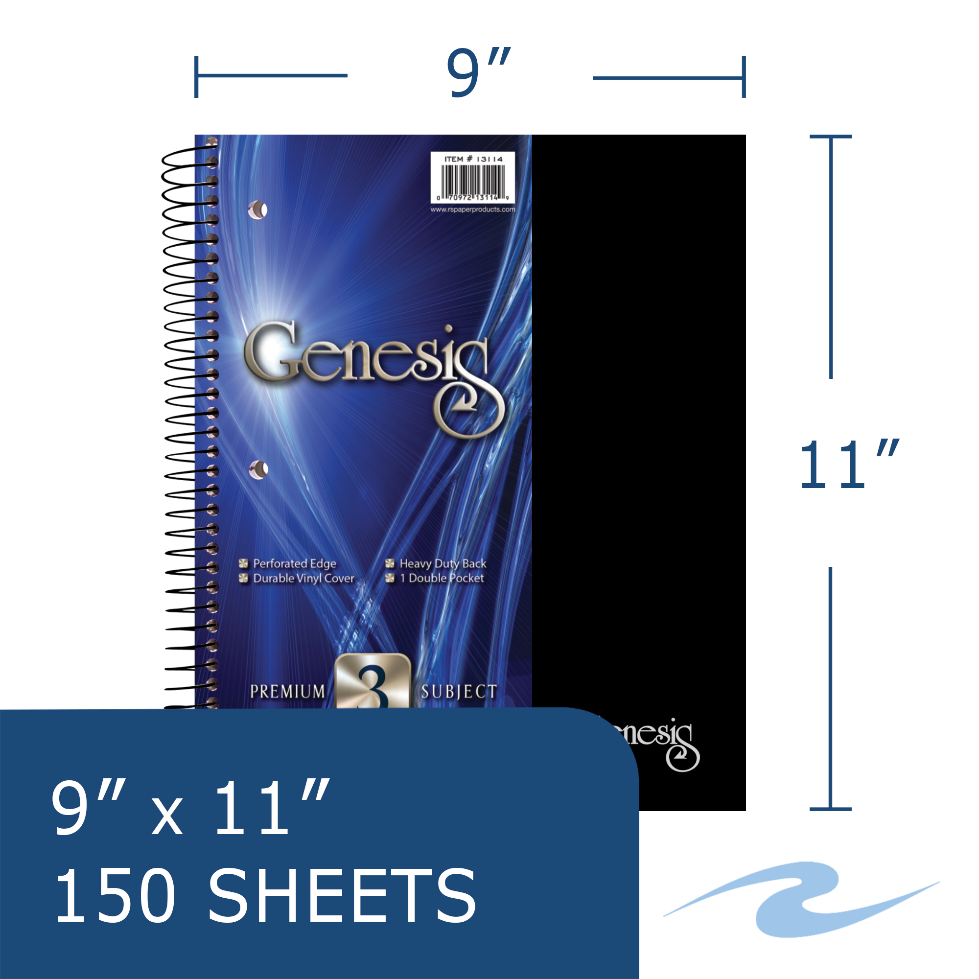 Genesis Three Subject Wirebound Notebook, College Ruled with One Double Pocket